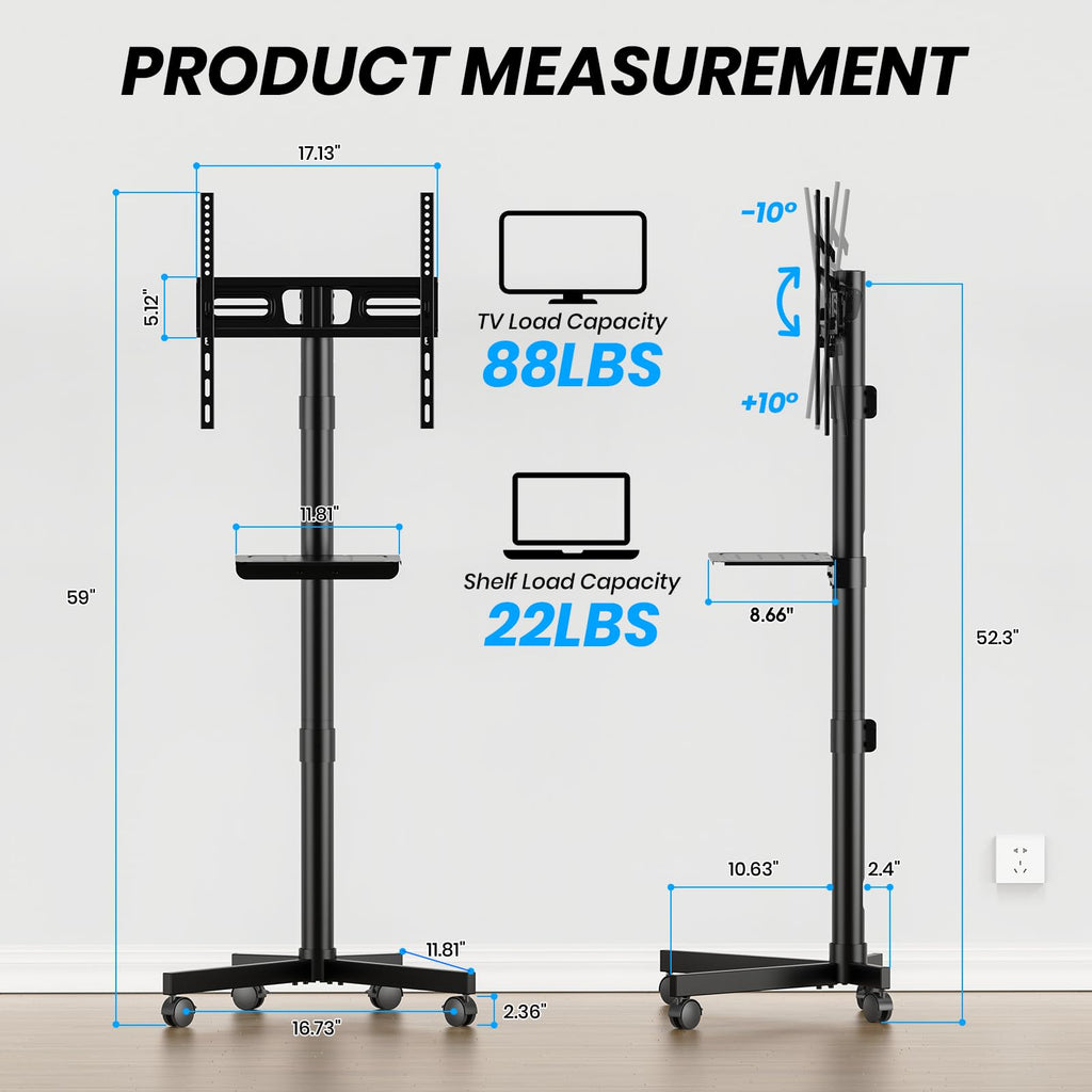 Height Adjustable Rolling TV Cart with Shelf and Locking Wheels N753576