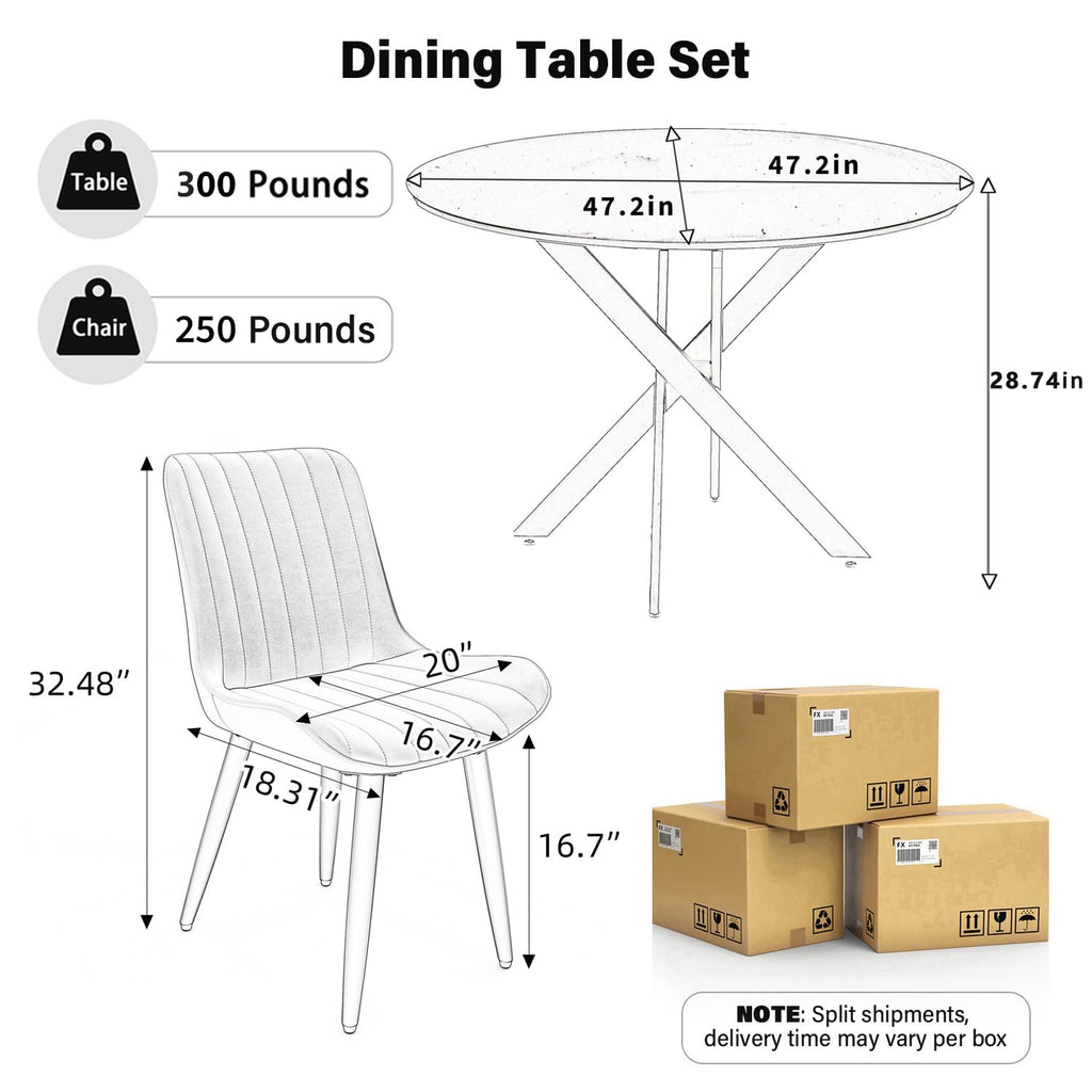 47" Walnut Round Dining Table Set for 4 with 4 Black Upholstered Chairs R8643