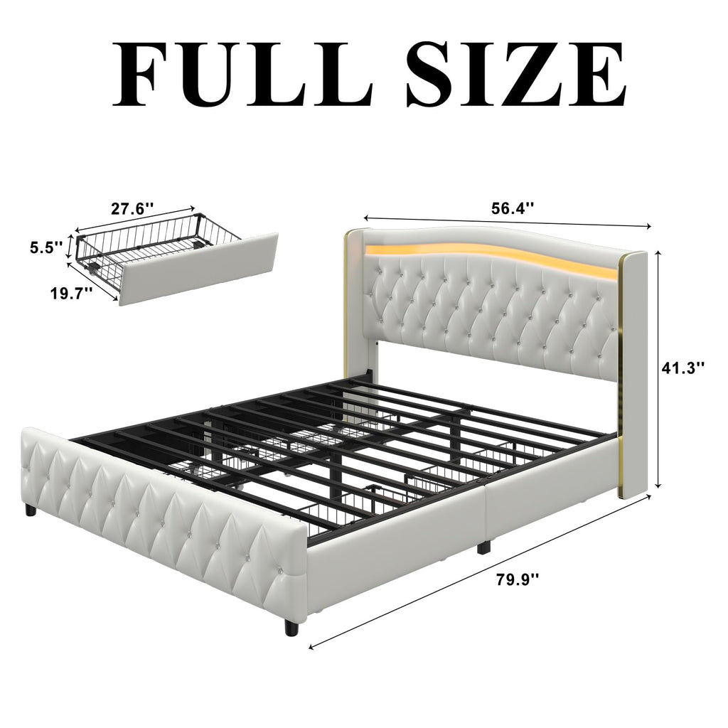 White Full Size Bed Frame with 4 Storage Drawers E4294