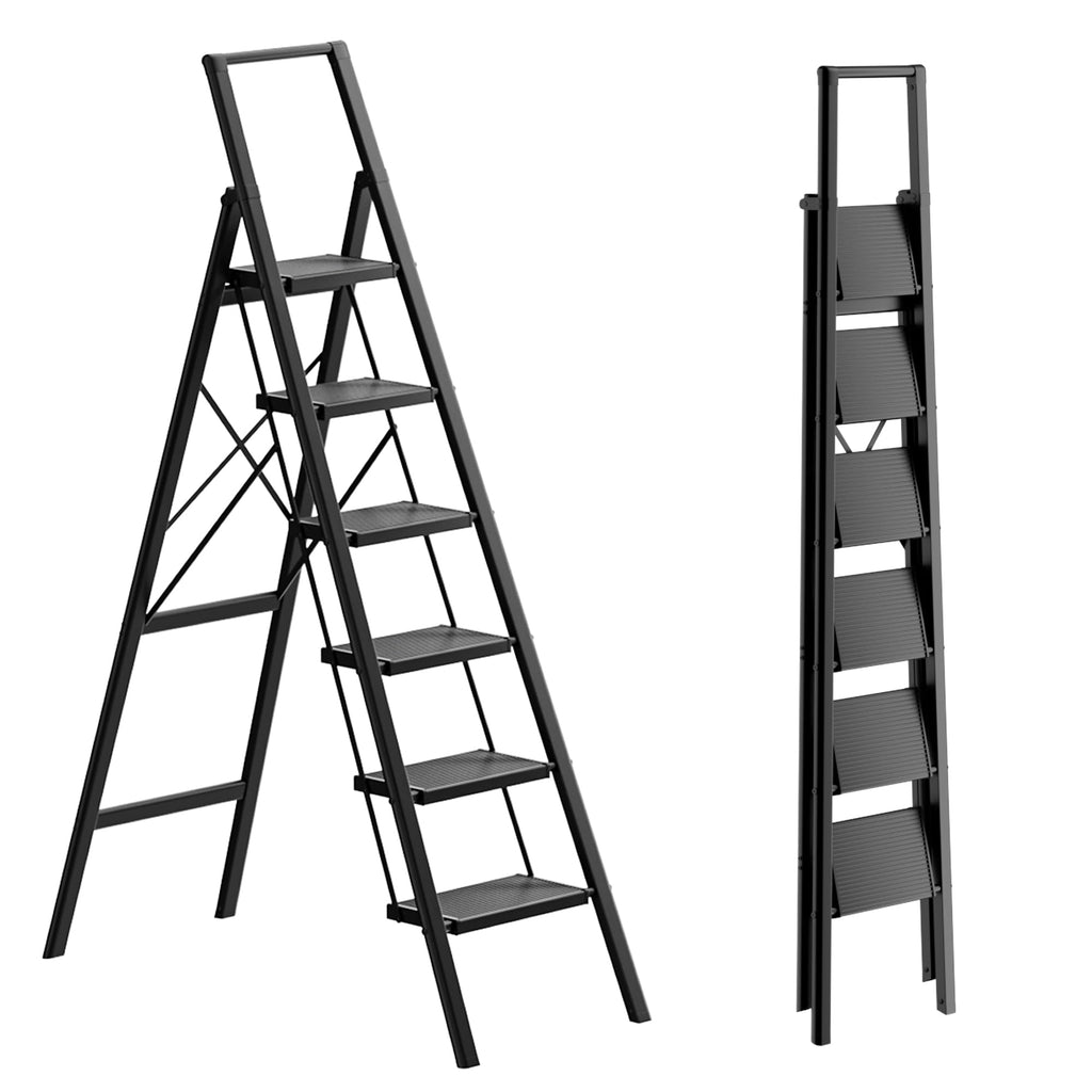 6 Step Folding Step Stool with Handrails Black I640203