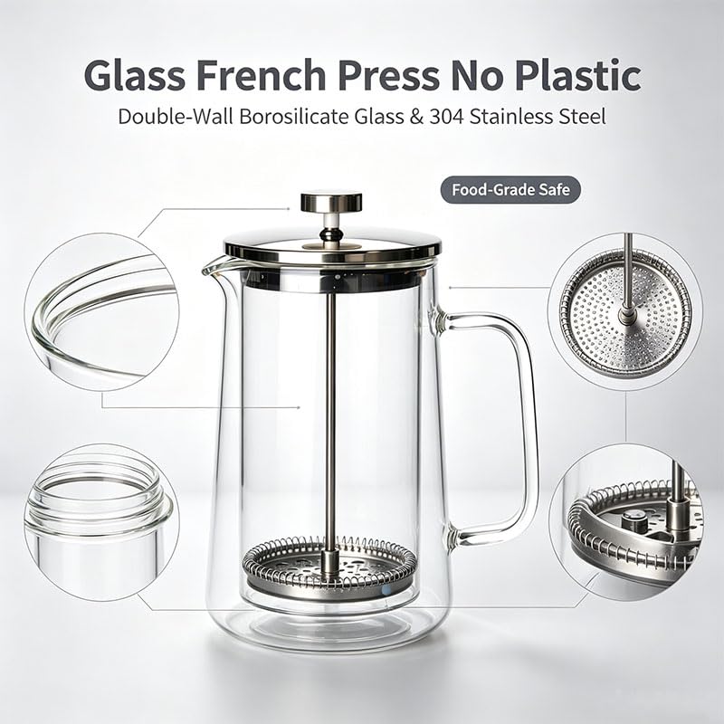 Glass French Press Coffee Maker 34oz Borosilicate Stainless Steel Filter G325307