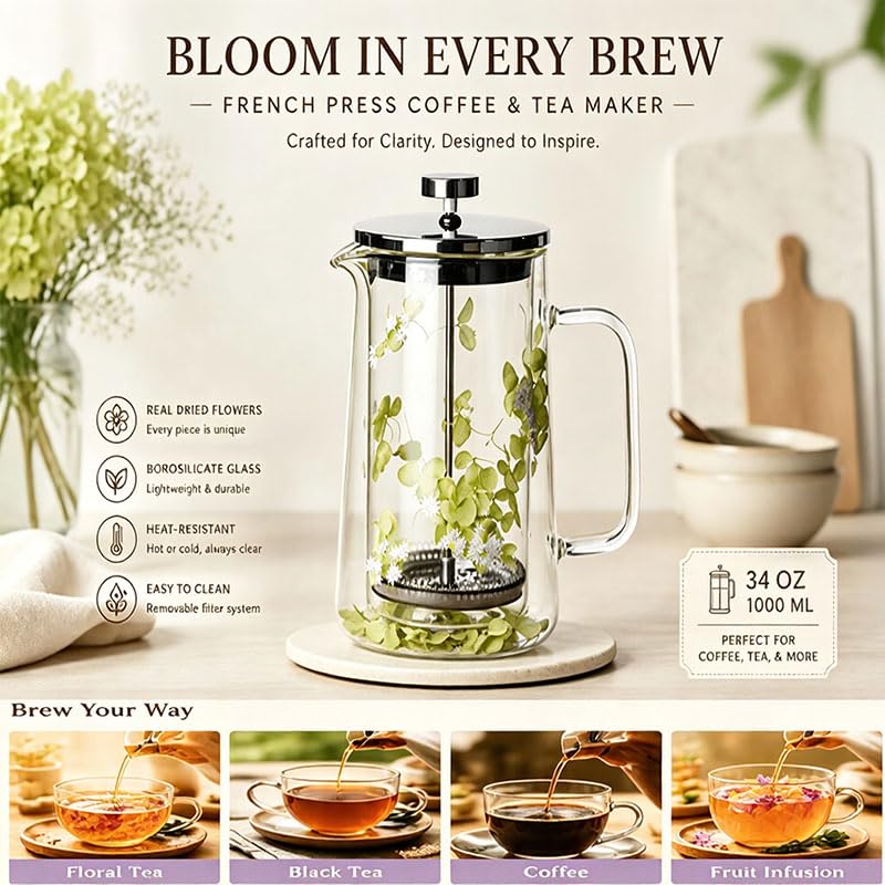Glass French Press Coffee Maker 34oz Borosilicate Stainless Steel Filter G325307