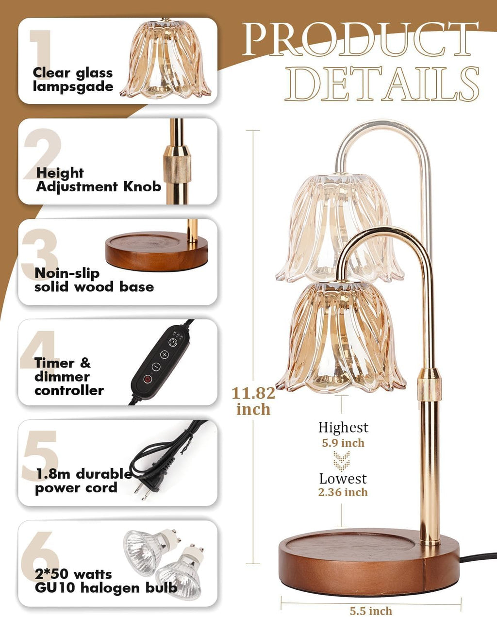 Gold Candle Warmer Lamp with Timer & Dimmer W777