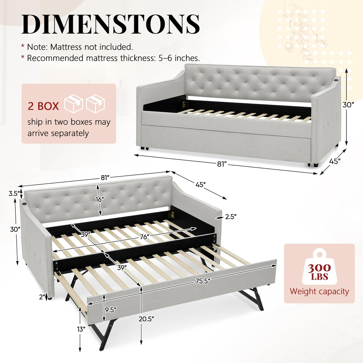 Twin to King Size Beige Daybed with Pop Up Trundle I409