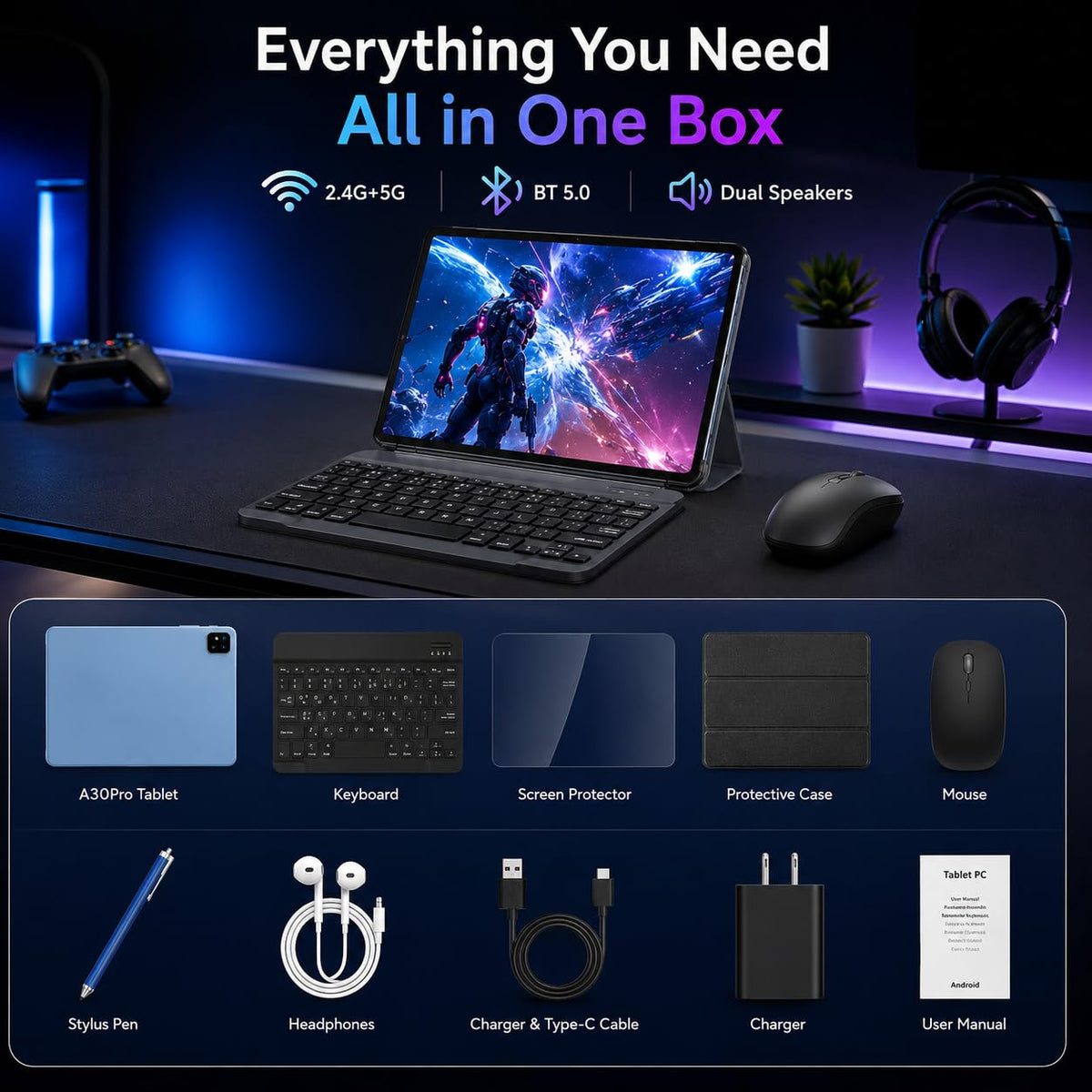 Black 10.1 inch Android 16 Tablet with Keyboard B991861