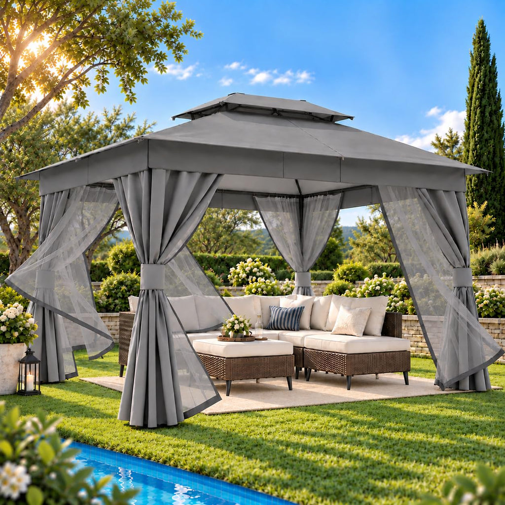 10x13 Gazebo Canopy with Netting, Curtains & Double Roof A449
