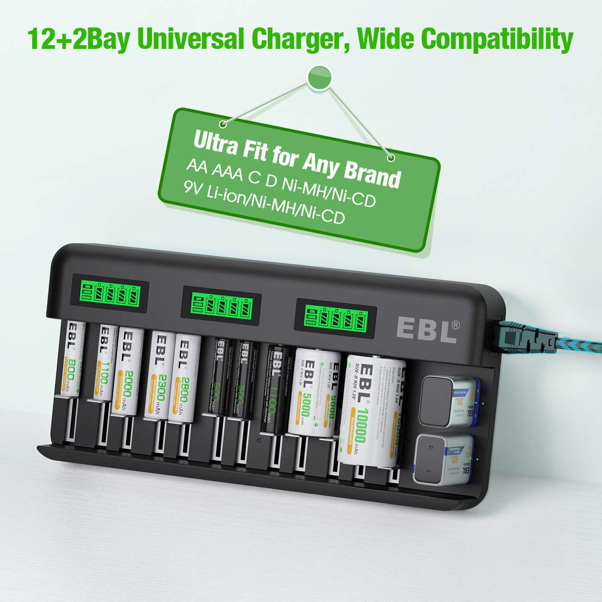 8 Pack 10000mAh Ni-MH D Rechargeable Batteries with Charger Z858085