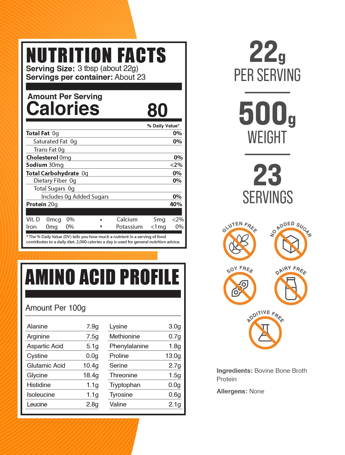 Beef Bone Broth Protein Powder, Lactose Free Dairy Free Gluten Free, 500g J360