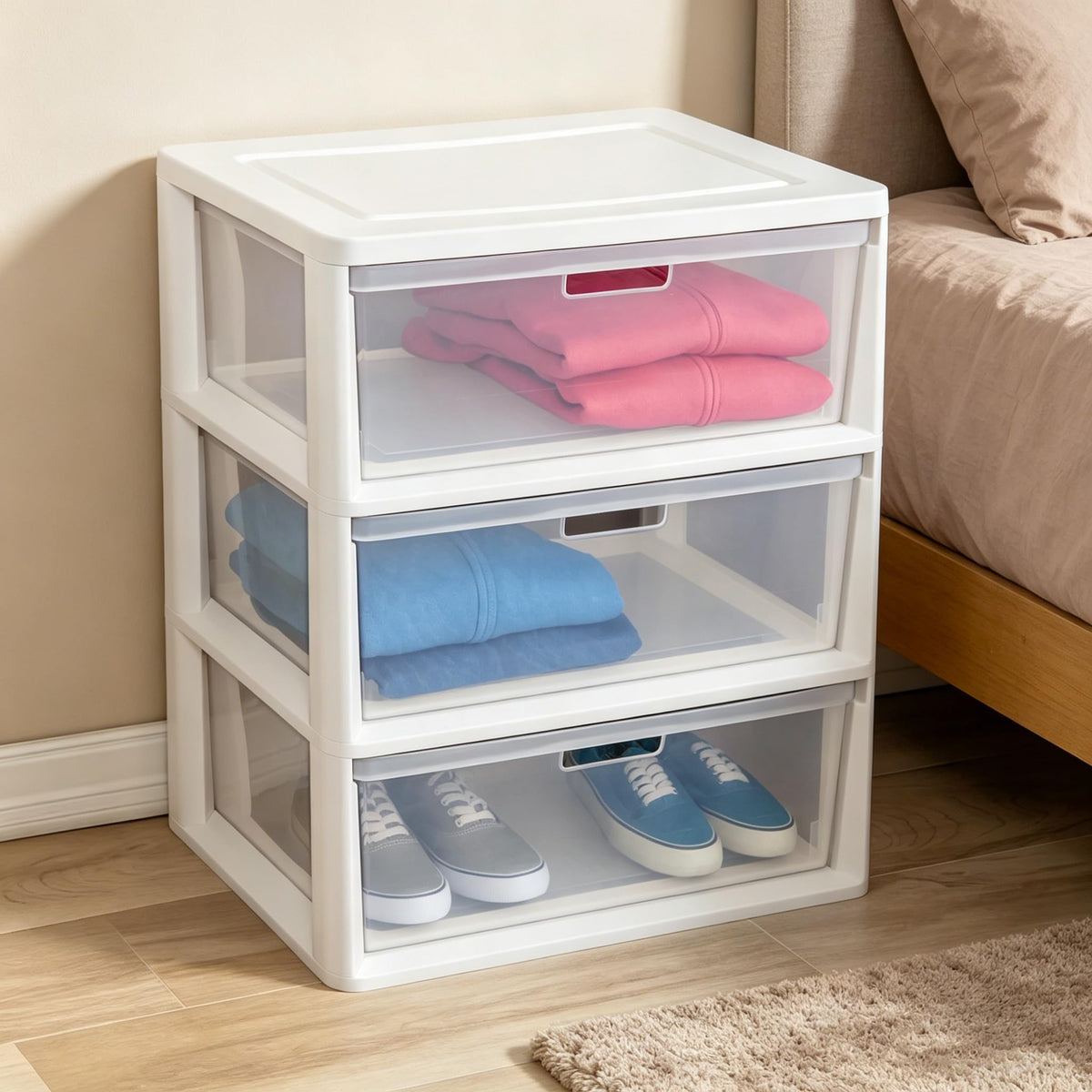 White 3-Drawer Plastic Storage Tower with Clear Bins J89325