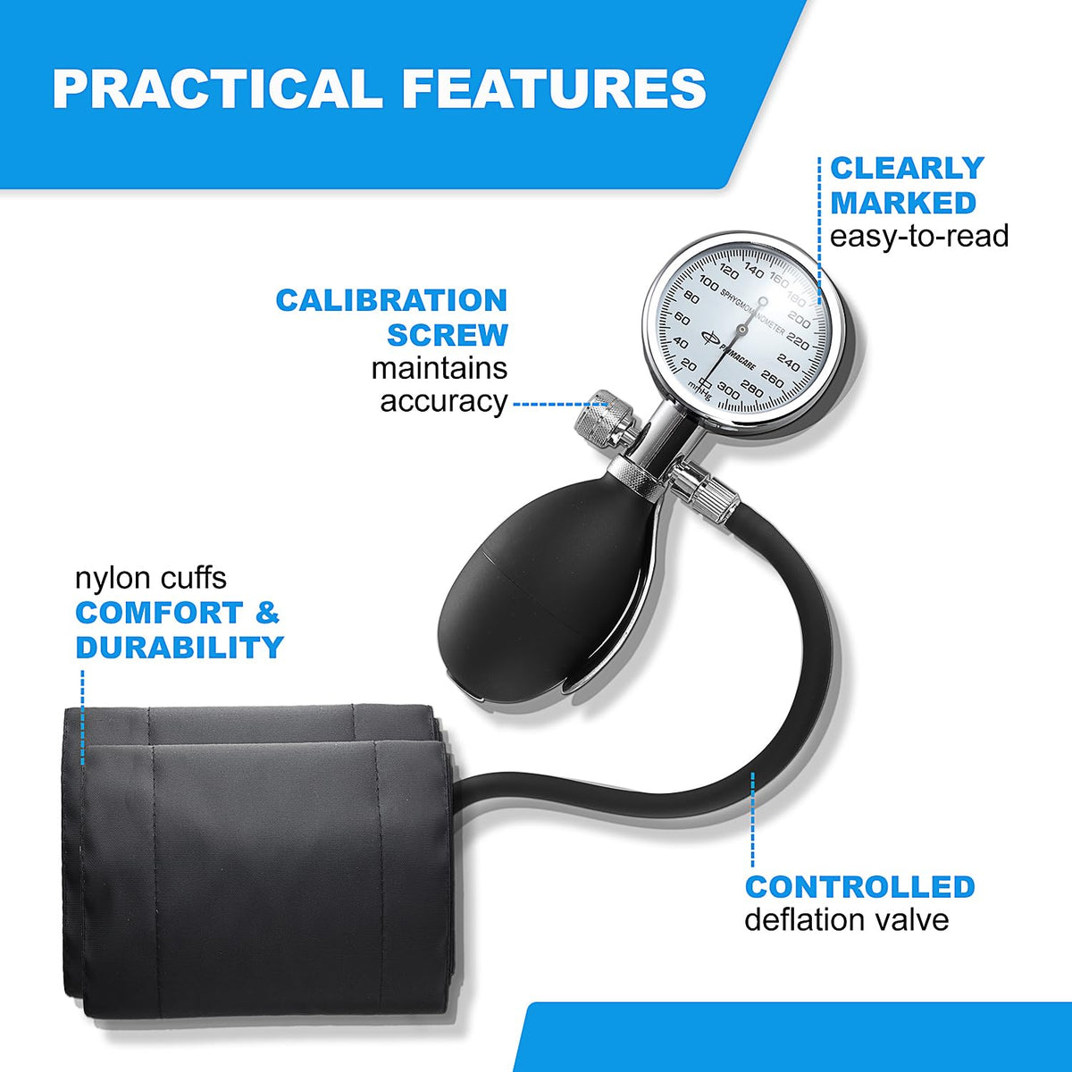 Aneroid Sphygmomanometer and Blood Pressure Cuff Set with 5 Sized Nylon Cuffs U30073