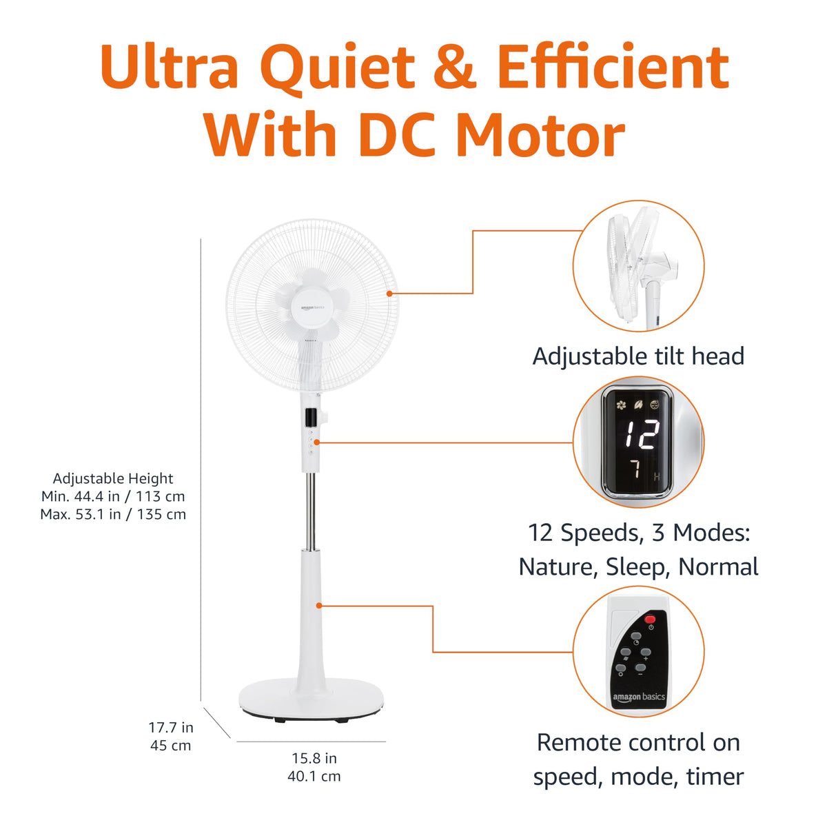16-inch Quiet DC Motor Standing Floor Fan with Remote, White E281