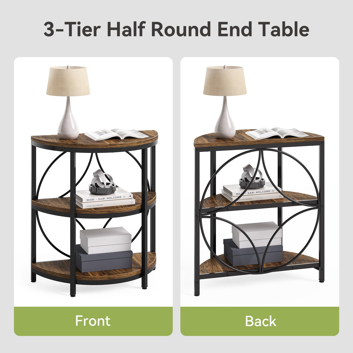 Half Round 3-Tier Narrow Side Table with Metal Frame Q90684