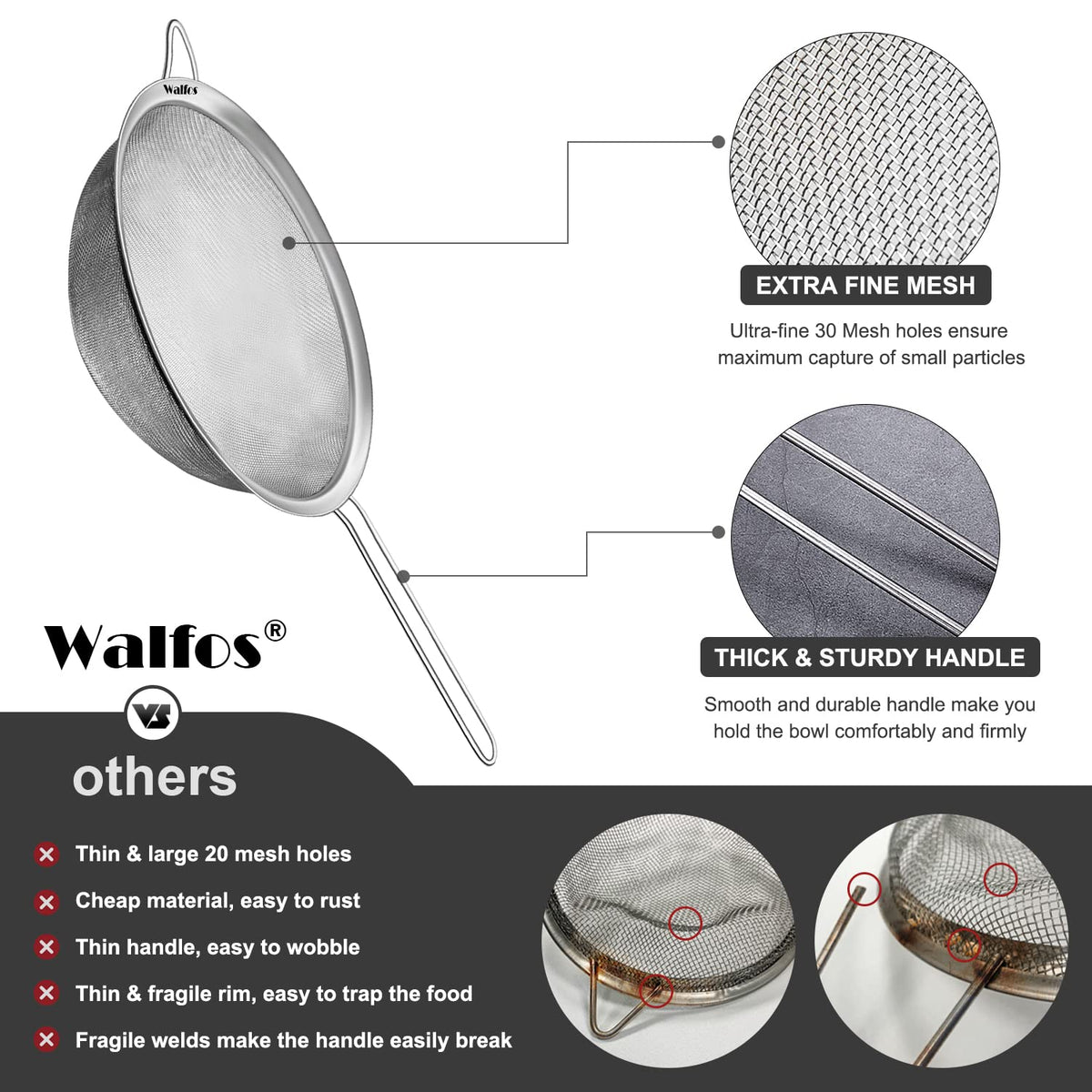 Large Fine Mesh Stainless Steel Strainer Set of 2 Q9245