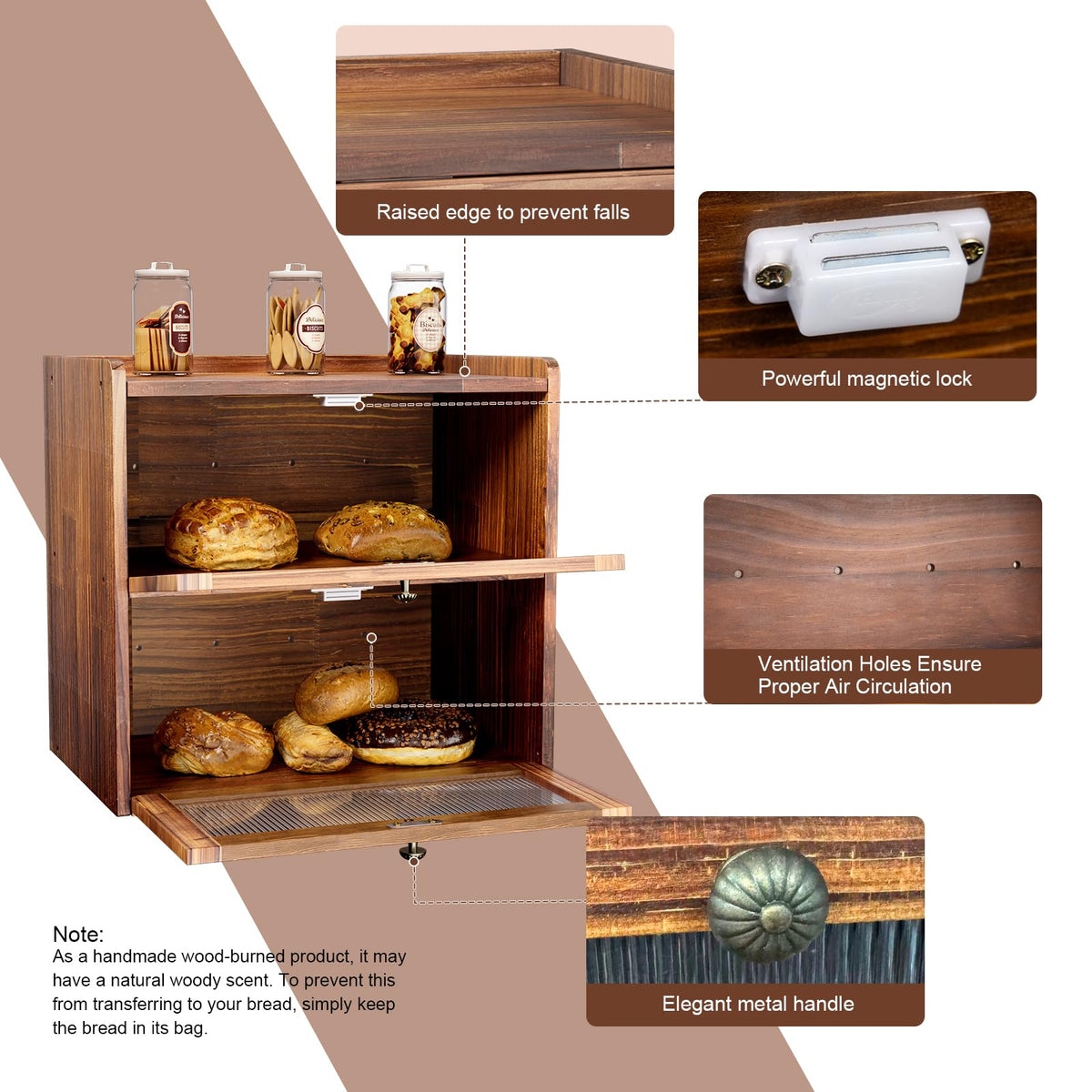 Large 2 Layer Wooden Bread Box with Window U1733