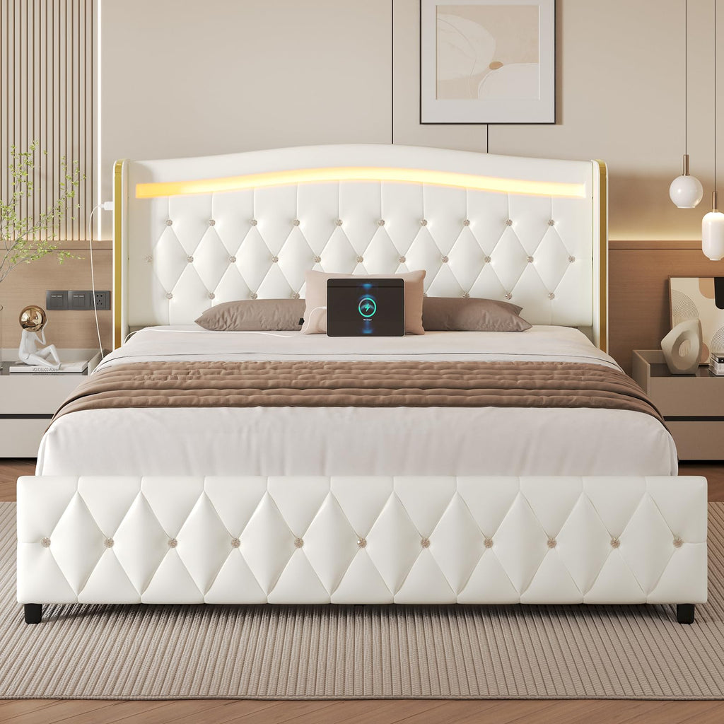 White Full Size Bed Frame with 4 Storage Drawers E4294