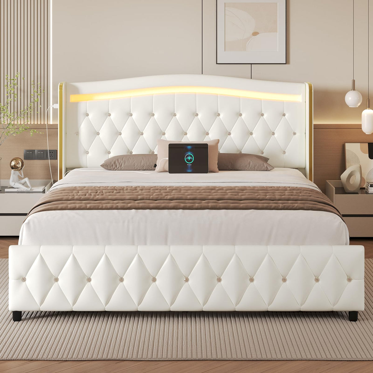 White Full Size Bed Frame with 4 Storage Drawers E4294