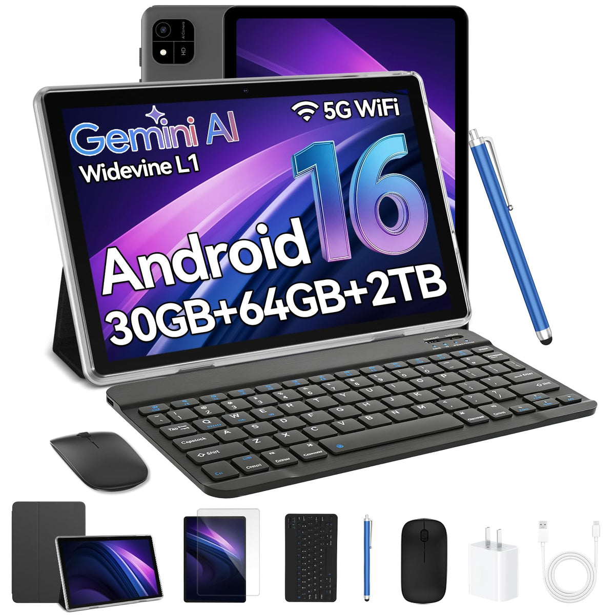 Black 10.1 inch Android 16 Tablet with Keyboard B991861