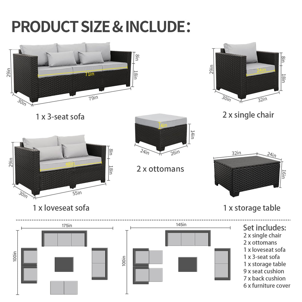 7 Piece Light Grey Cushions Patio Furniture Set with Storage Table Q997445