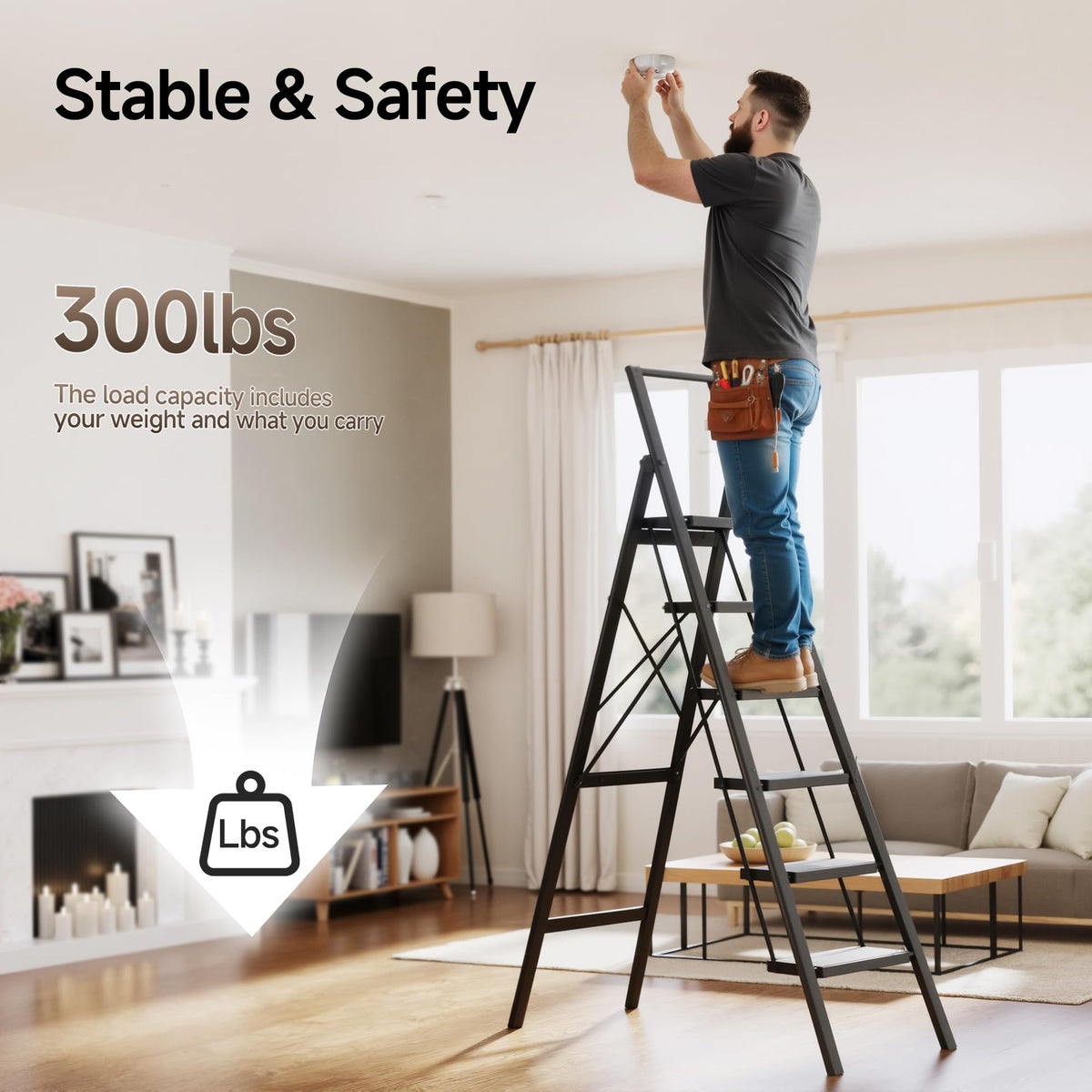 6 Step Folding Step Stool with Handrails Black I640203