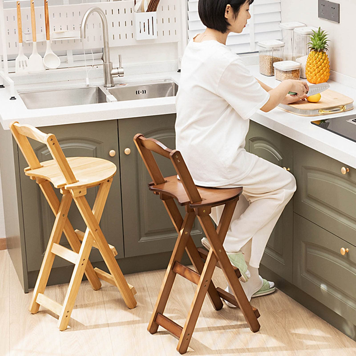 Foldable Bamboo Stool with Backs and Footrest K49890