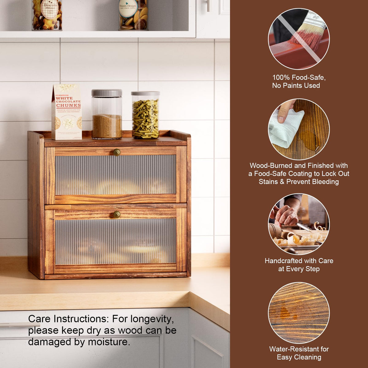 Large 2 Layer Wooden Bread Box with Window U1733