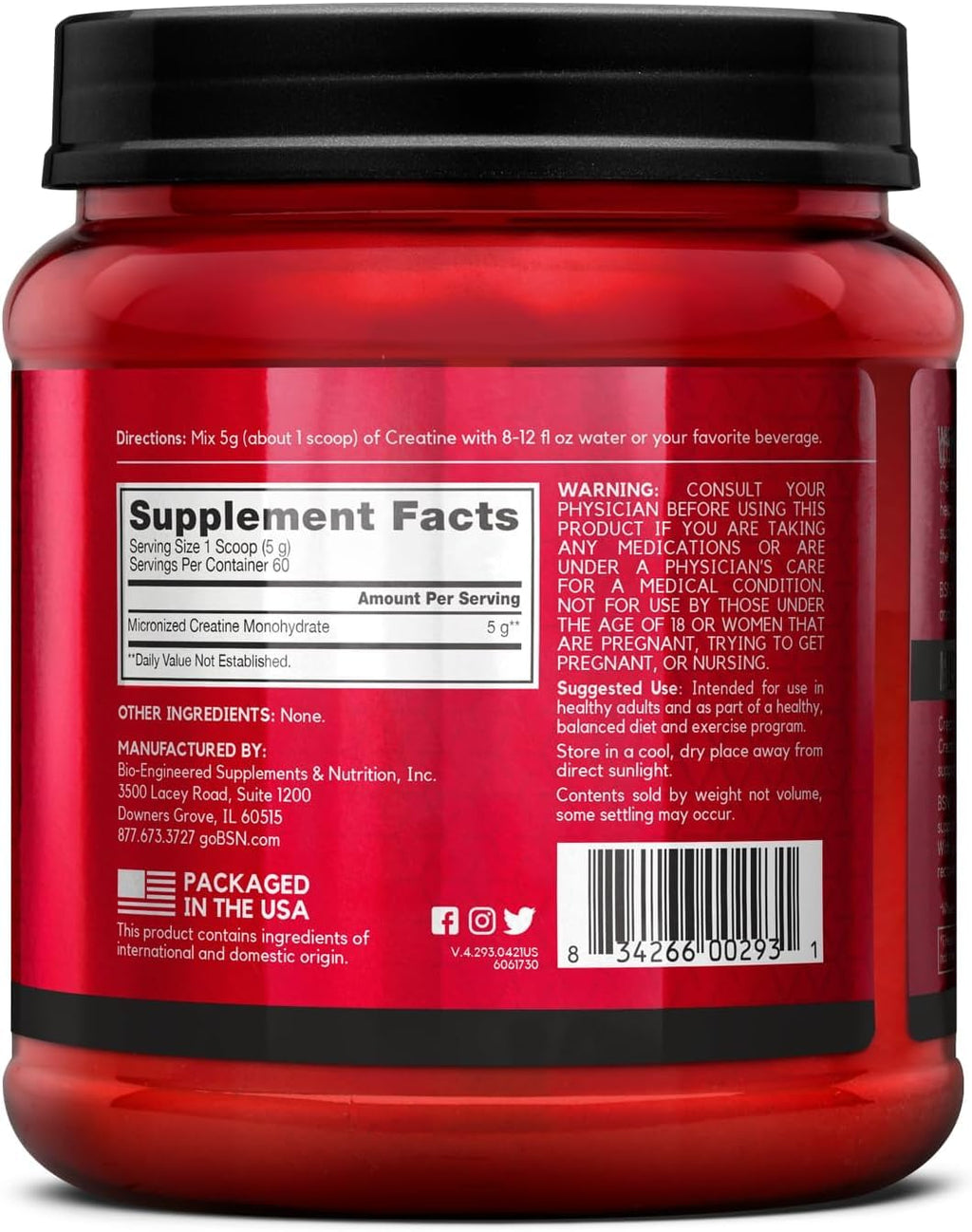 Micronized Creatine Monohydrate Powder, 5g per Serving, 60 Servings C20955
