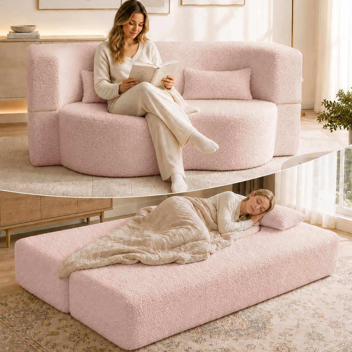 78" Pink Sherpa Futon Sofa Bed K2181