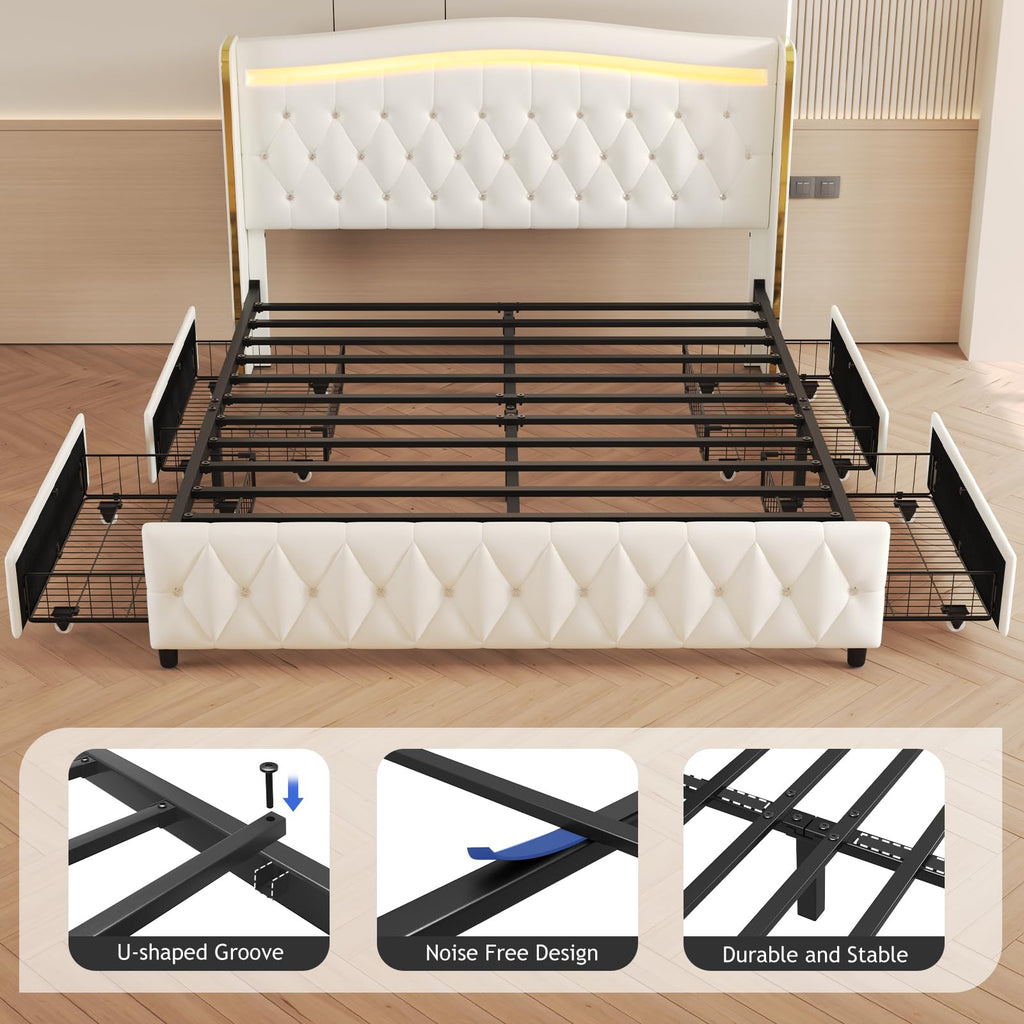 White Full Size Bed Frame with 4 Storage Drawers E4294