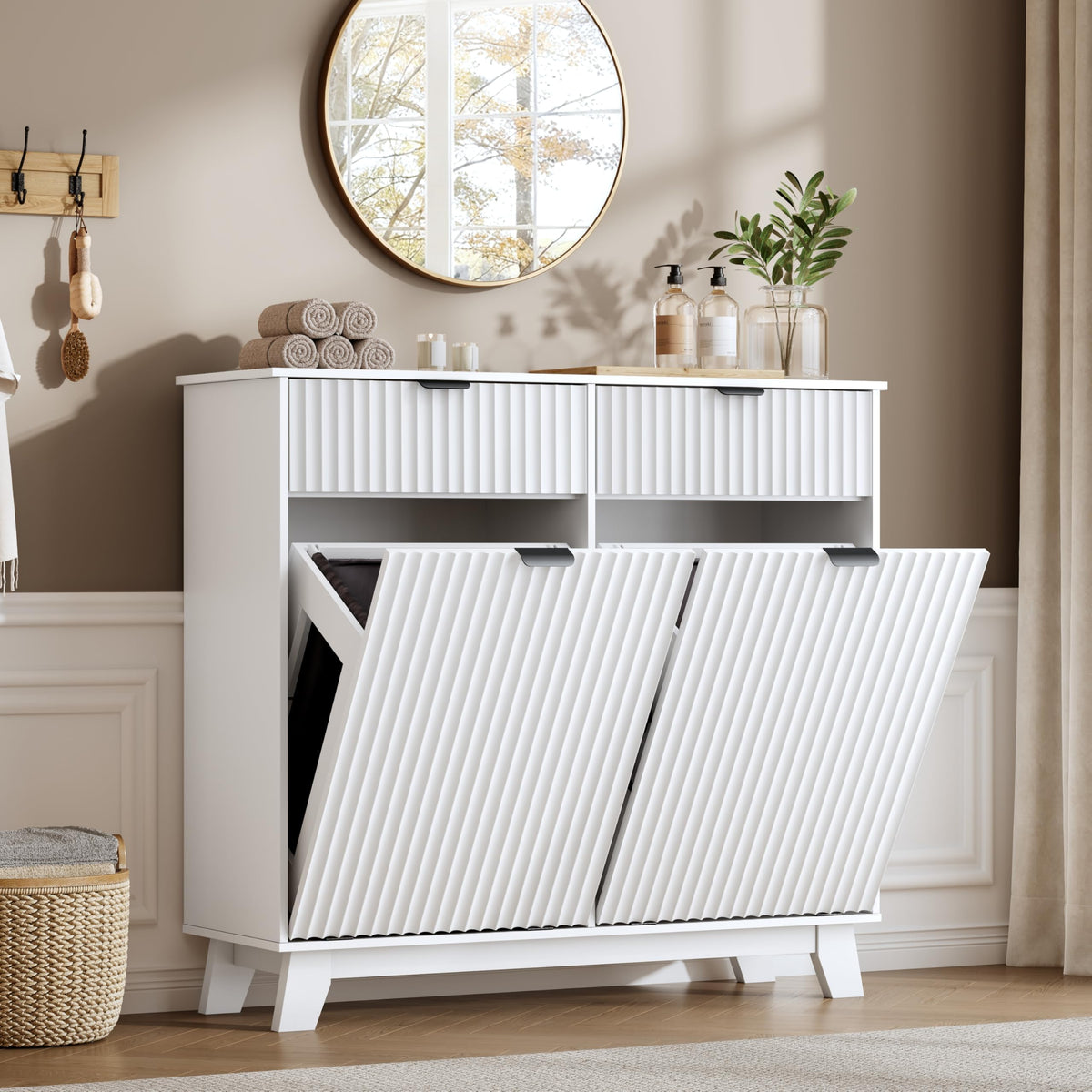10 Gallon Tilt Out Trash Can Cabinet with Storage Drawer L50255