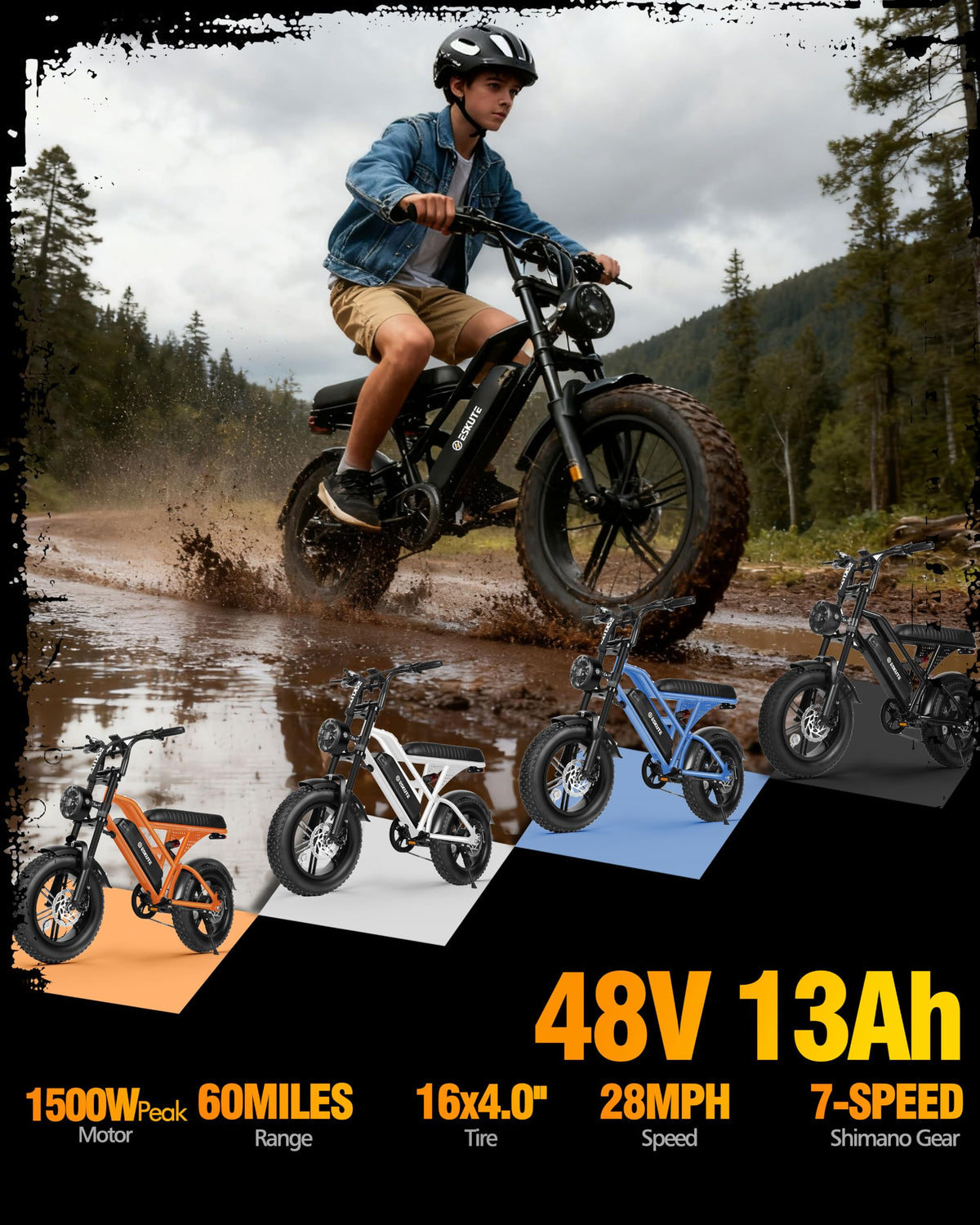 Electric Bike 1500W Peak Motor 48V 13Ah Battery 16"x4.0" Fat Tire Blue V346