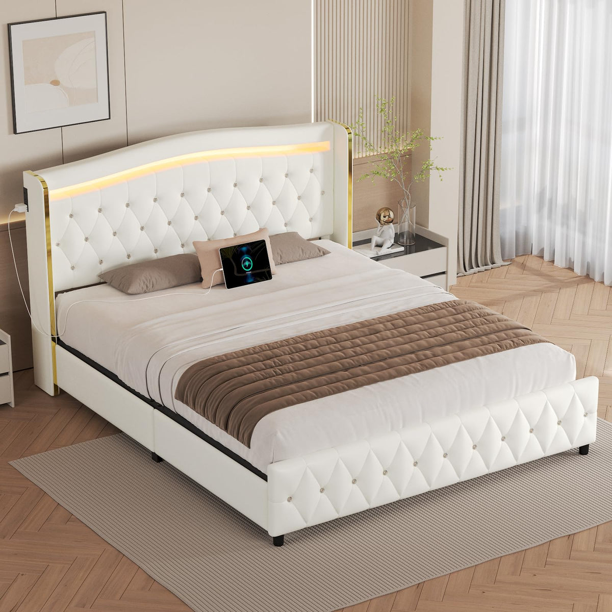 White Full Size Bed Frame with 4 Storage Drawers E4294