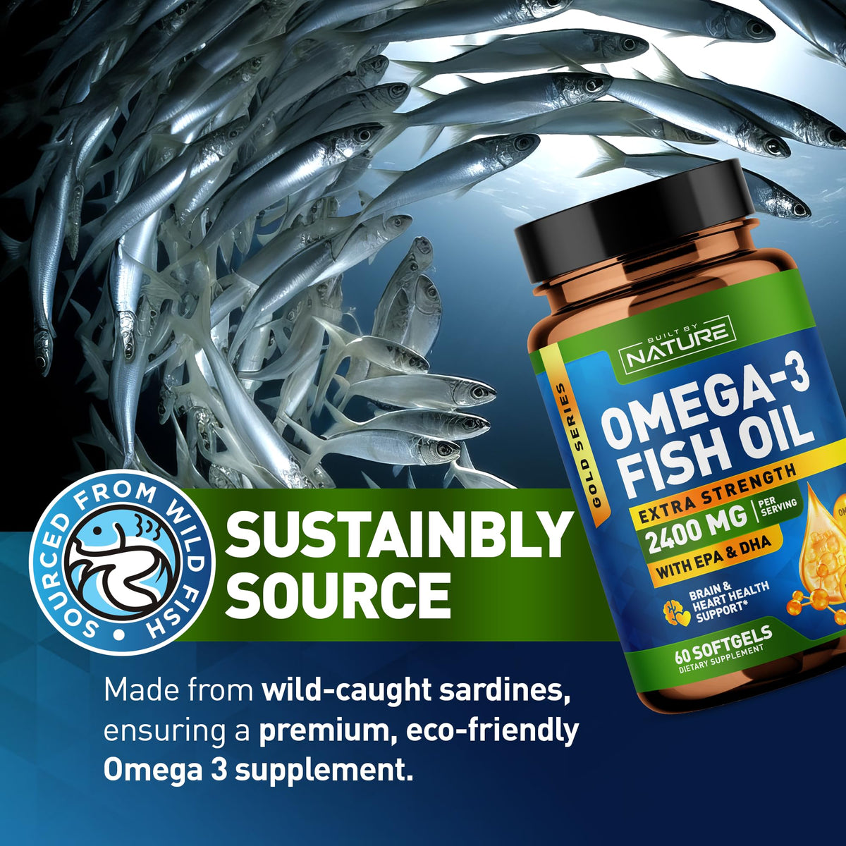 Omega 3 Fish Oil Soft Gels 2400 mg 60 Softgels D78979