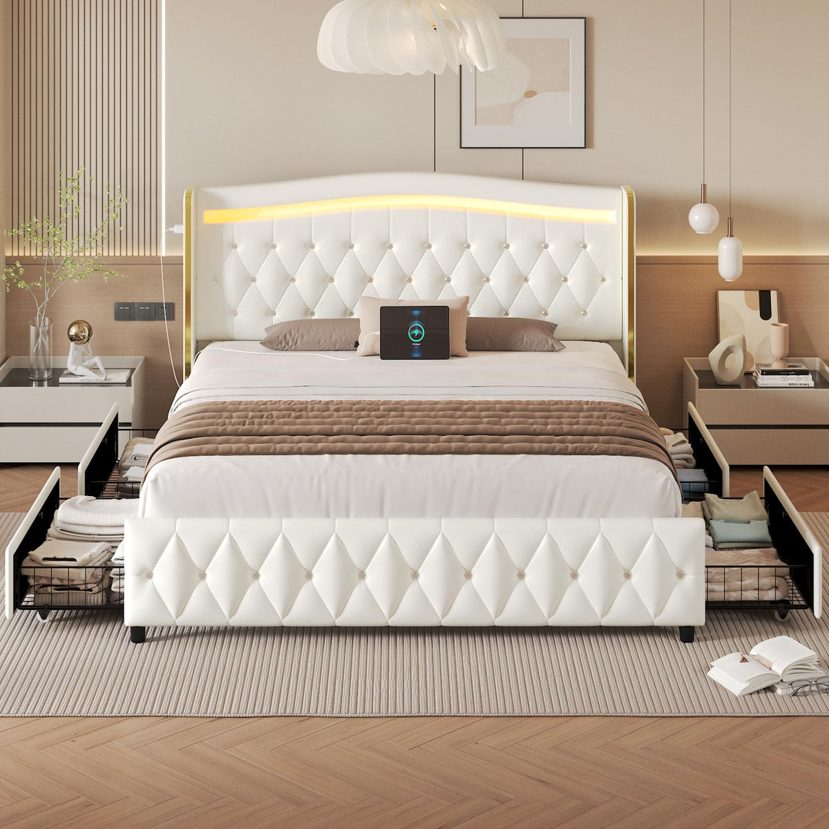 White Full Size Bed Frame with 4 Storage Drawers E4294