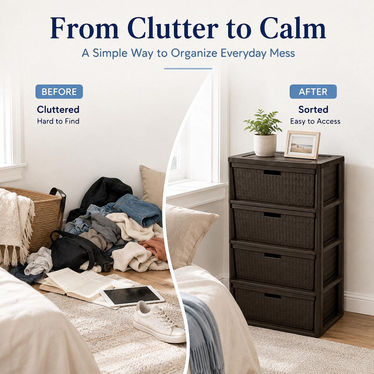 Wide 4-Drawer Storage Organizer Tower with Removable Bins E297