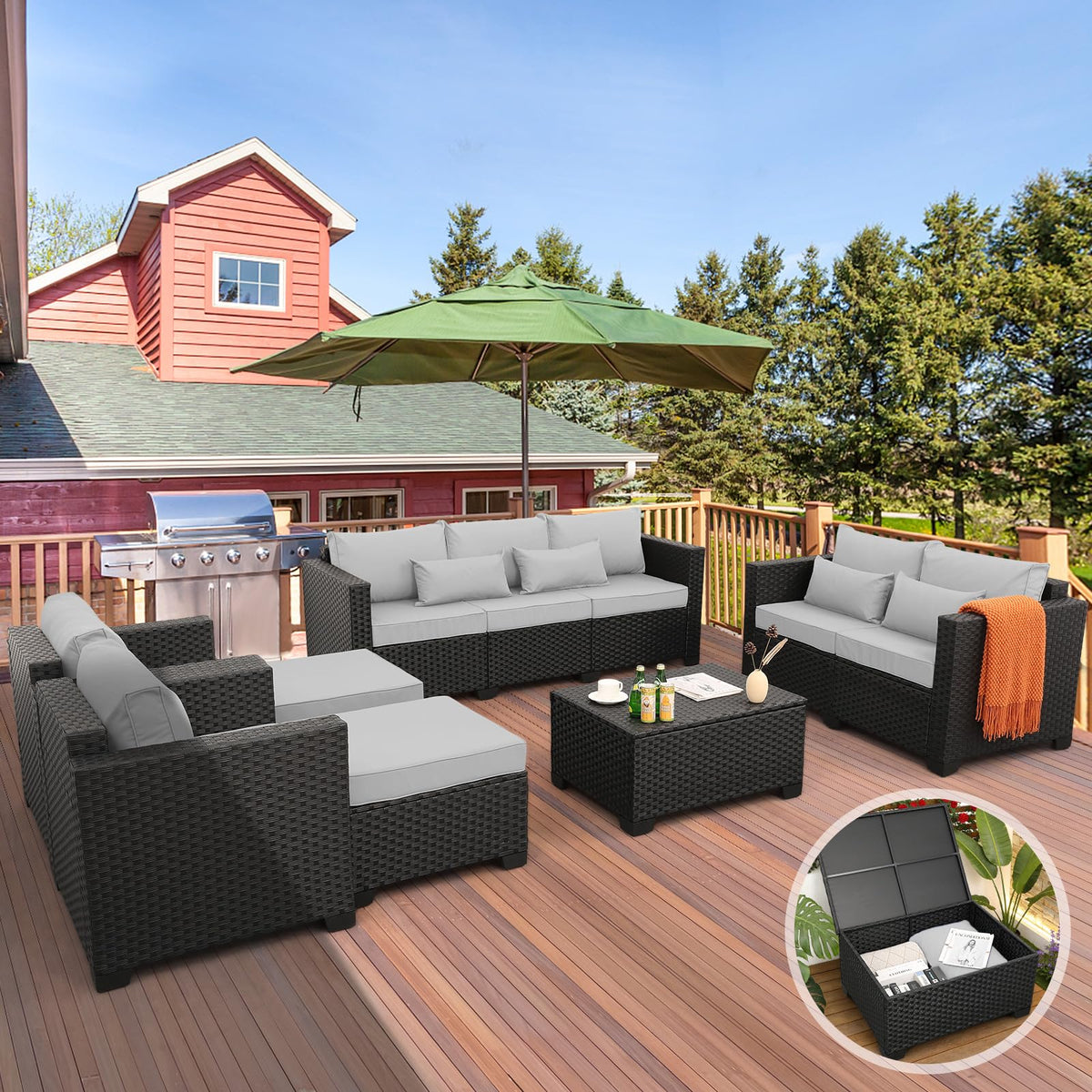 7 Piece Light Grey Cushions Patio Furniture Set with Storage Table Q997445