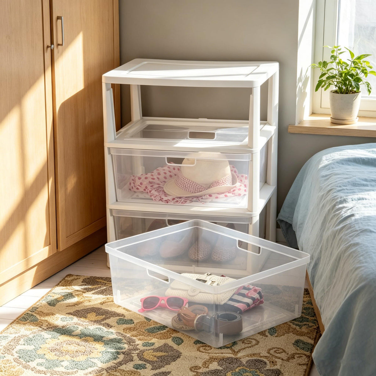White 3-Drawer Plastic Storage Tower with Clear Bins J89325