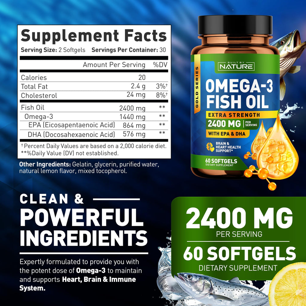 Omega 3 Fish Oil Soft Gels 2400 mg 60 Softgels D78979