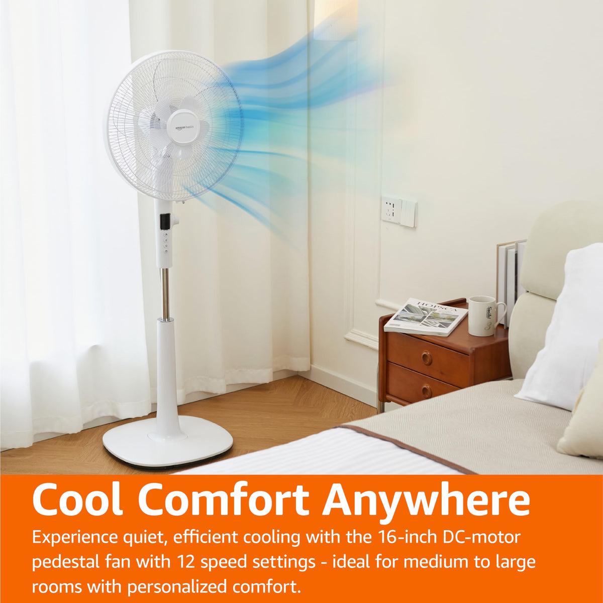 16-inch Quiet DC Motor Standing Floor Fan with Remote, White E281