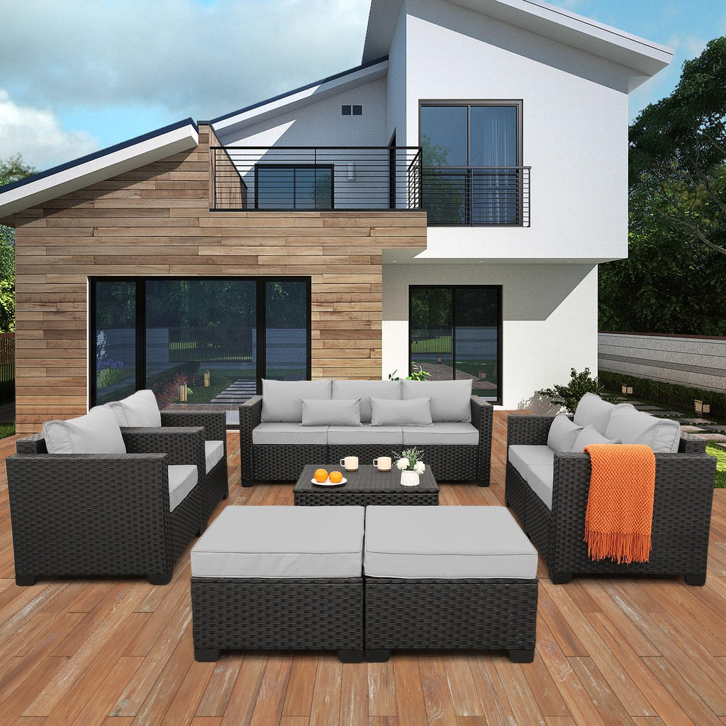 7 Piece Light Grey Cushions Patio Furniture Set with Storage Table Q997445