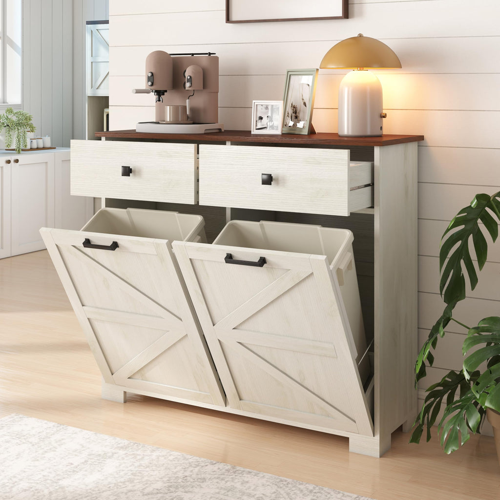Double Tilt Out Trash Cabinet with Hideaway Drawer, Antique White E7972