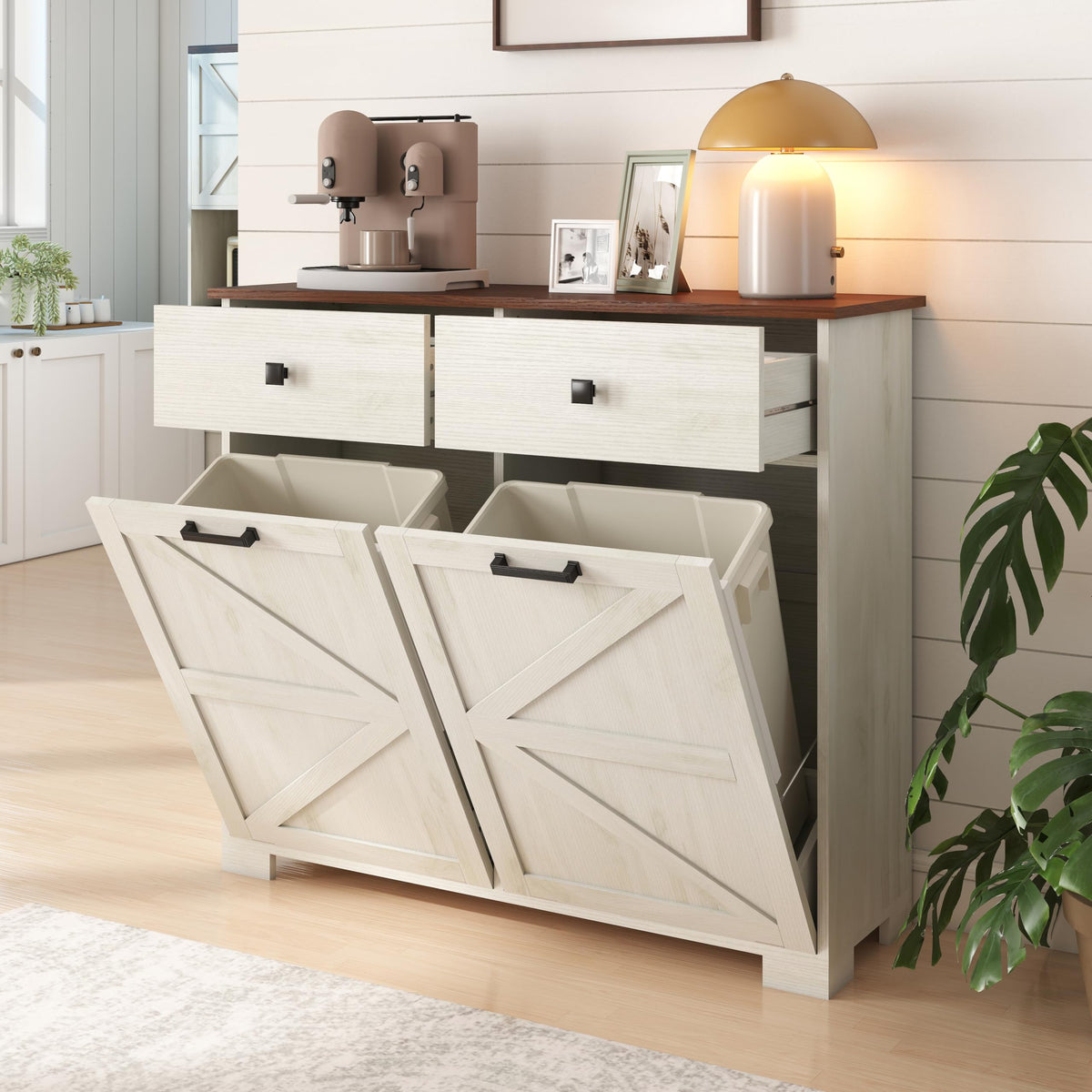 Double Tilt Out Trash Cabinet with Hideaway Drawer, Antique White E7972