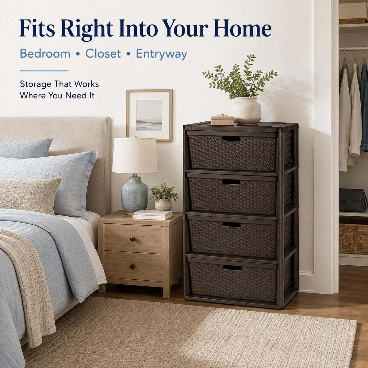 Wide 4-Drawer Storage Organizer Tower with Removable Bins E297
