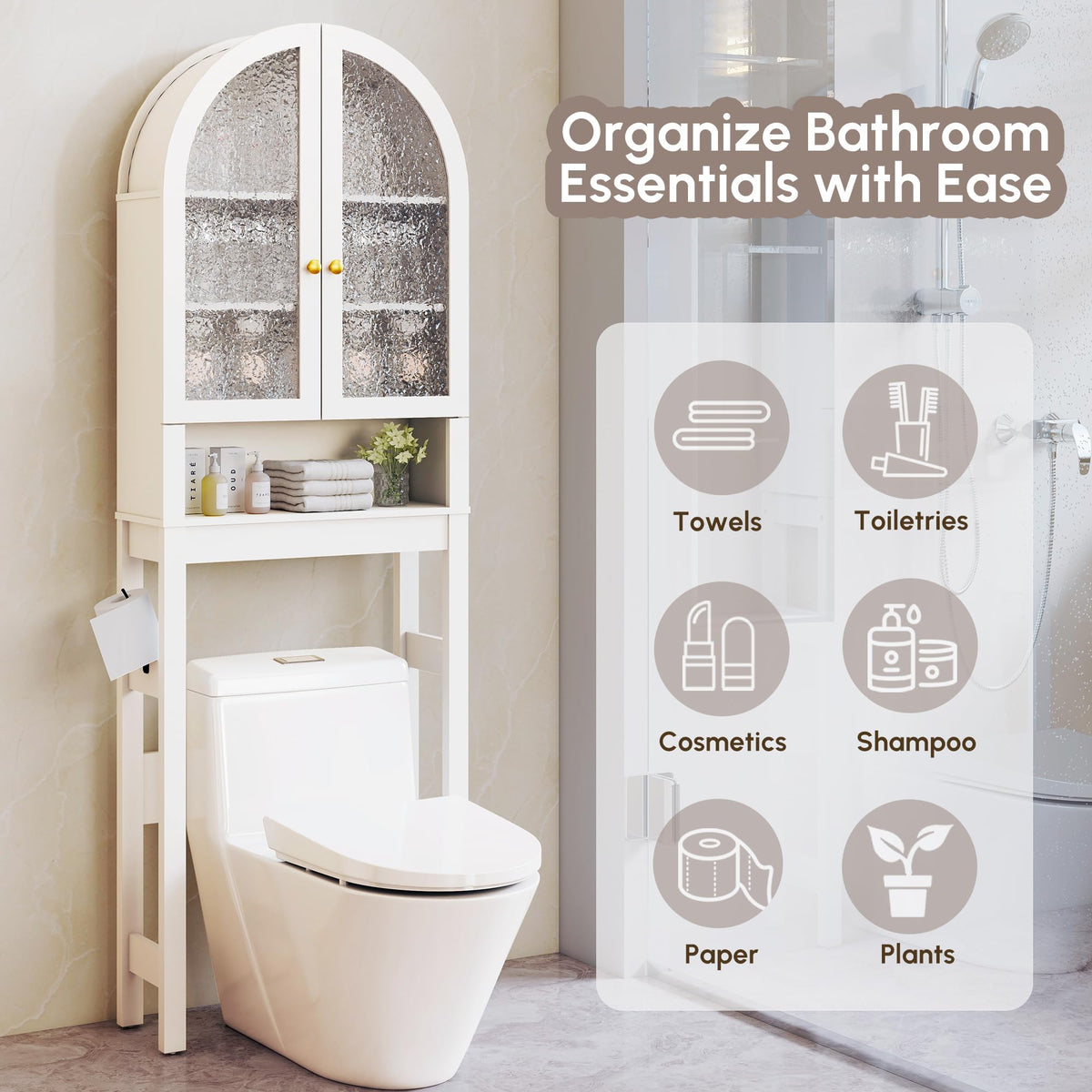 White Over The Toilet Storage Cabinet with Acrylic Doors and Adjustable Shelf I352363