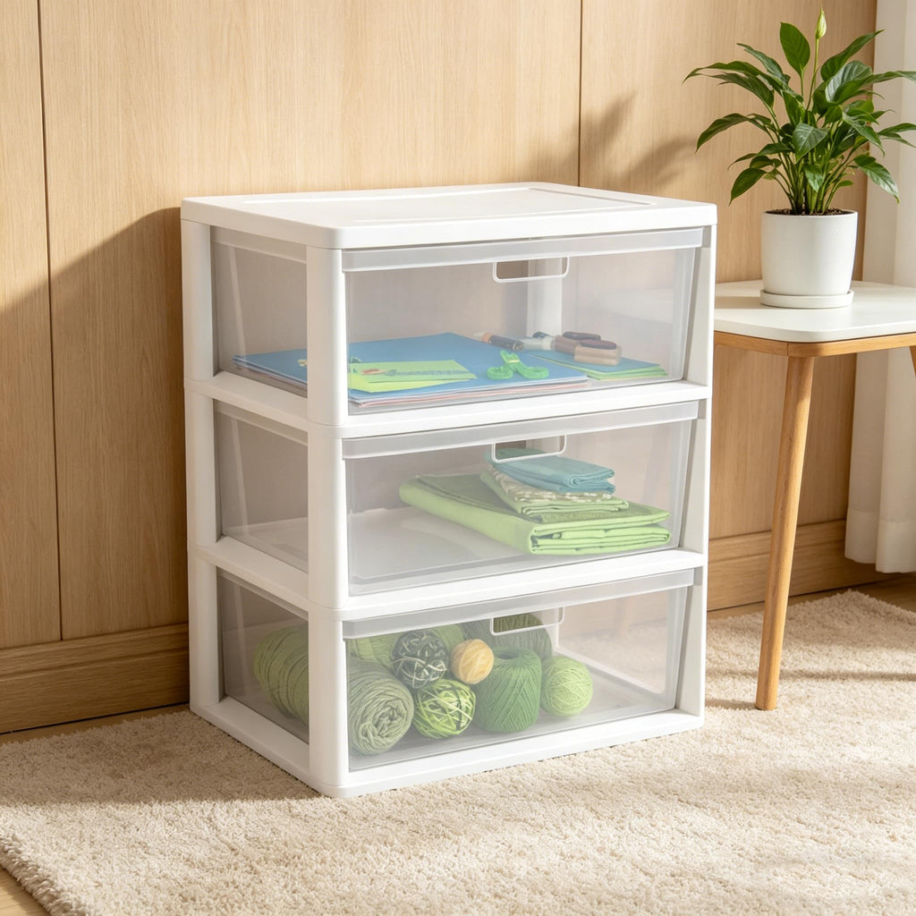 White 3-Drawer Plastic Storage Tower with Clear Bins J89325