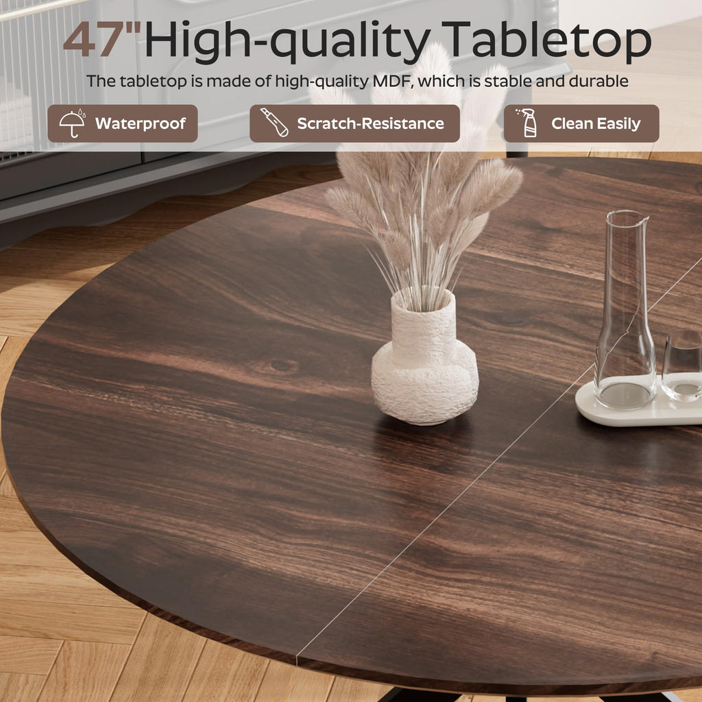 47" Walnut Round Dining Table Set for 4 with 4 Black Upholstered Chairs R8643