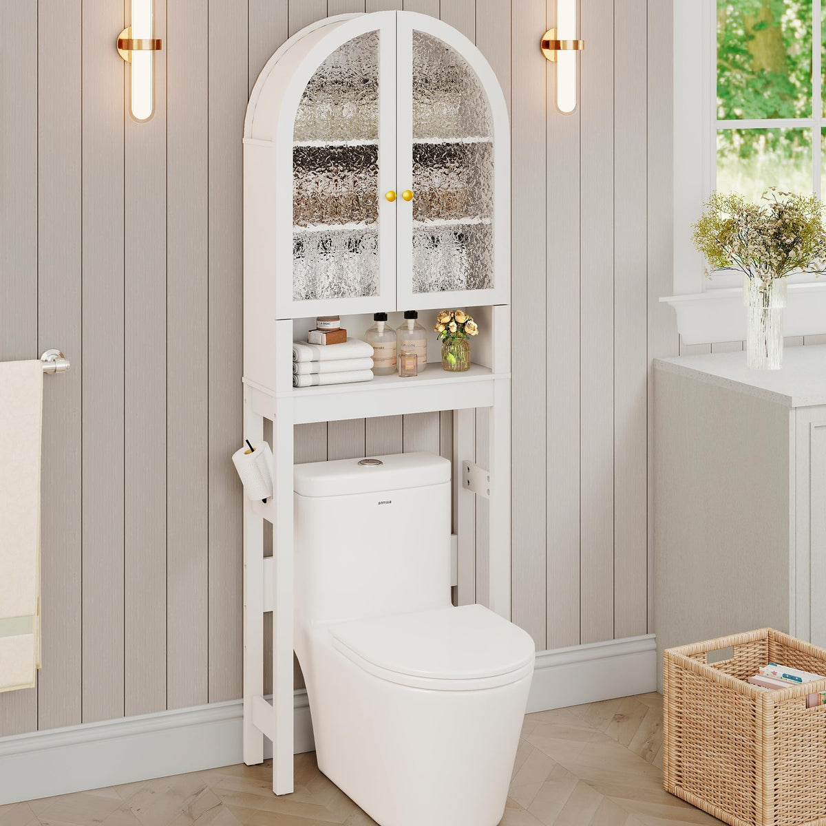 White Over The Toilet Storage Cabinet with Acrylic Doors and Adjustable Shelf I352363