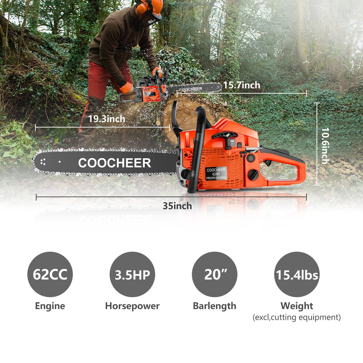 62CC 20 Inch 2-Cycle Gas Chainsaw with Carrying Bag P563