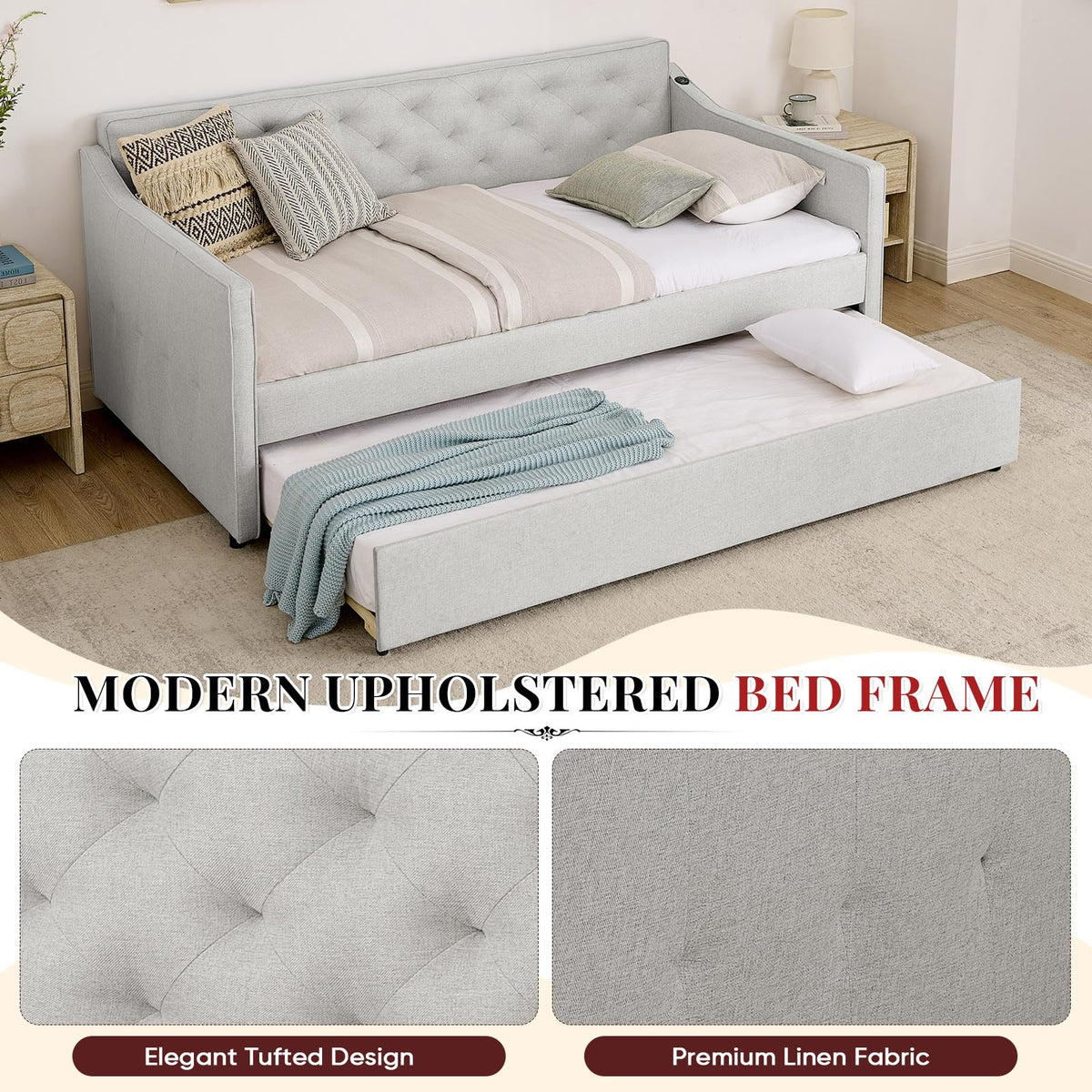 Twin to King Size Beige Daybed with Pop Up Trundle I409