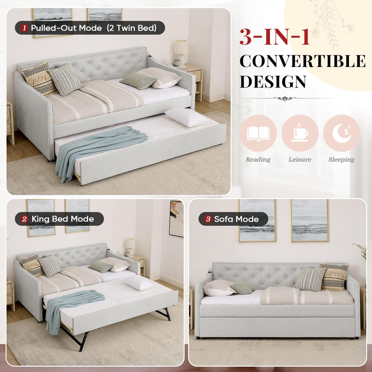 Twin to King Size Beige Daybed with Pop Up Trundle I409