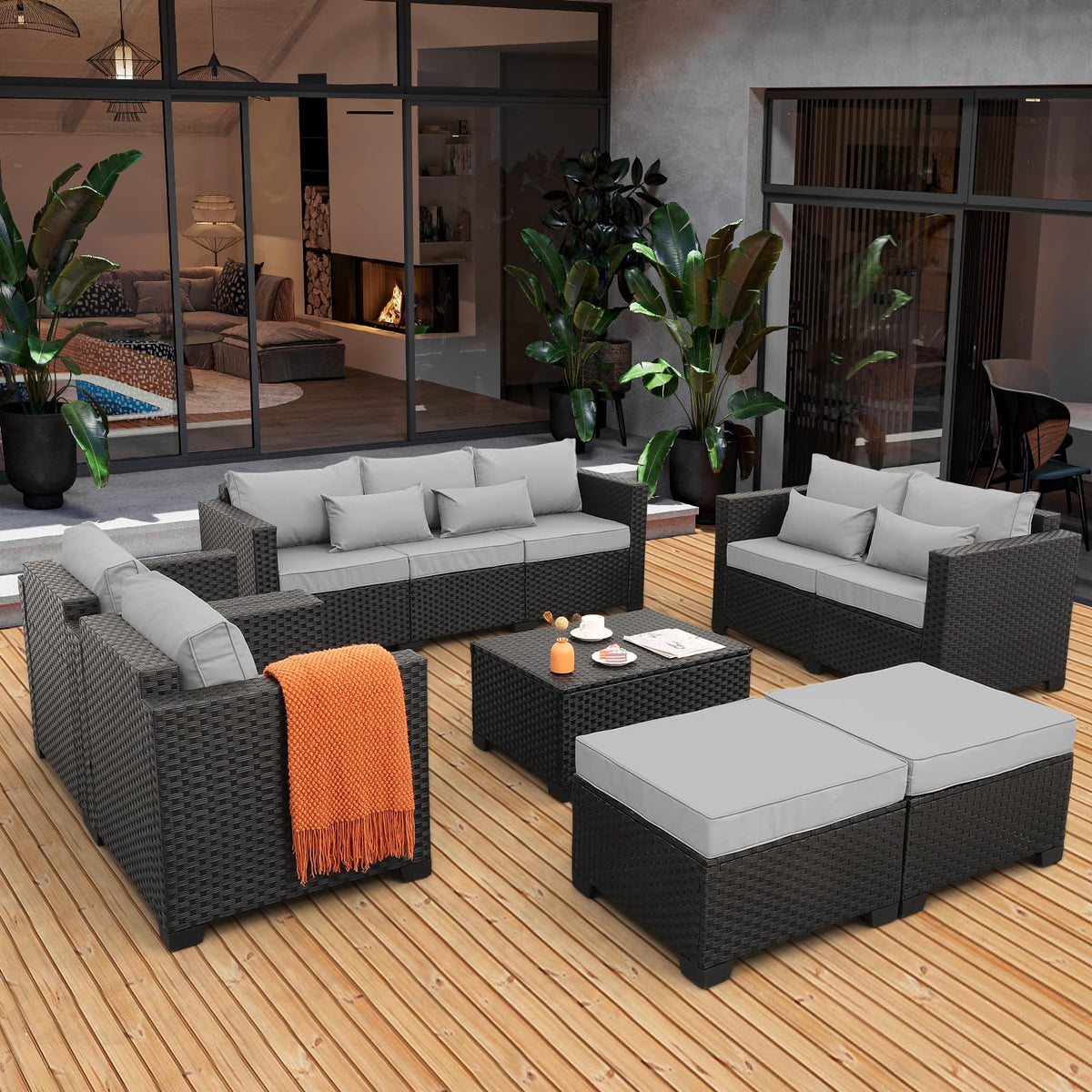7 Piece Light Grey Cushions Patio Furniture Set with Storage Table Q997445